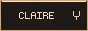 claire's 88x31 button: warm amber pixel text CLAIRE with a tuning fork